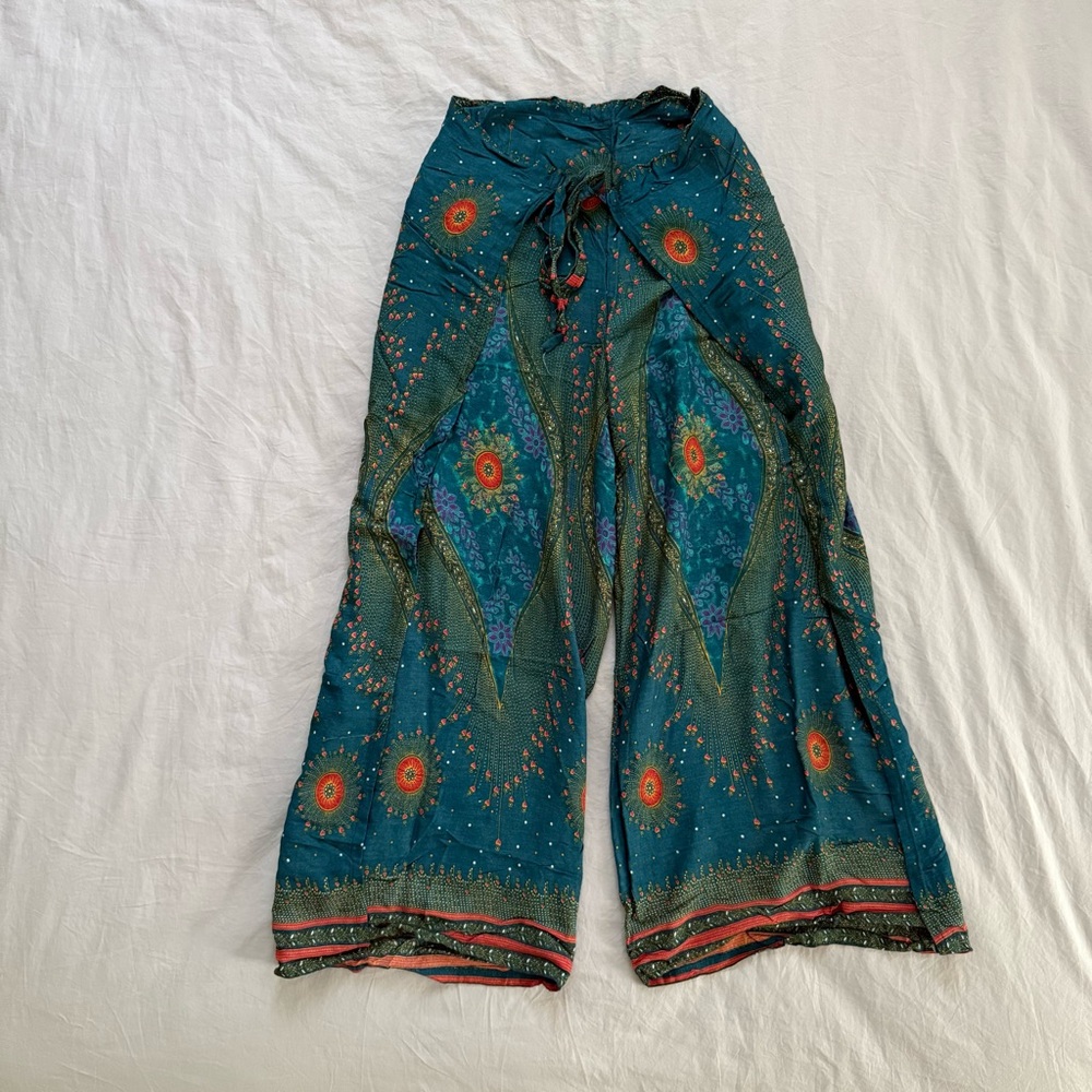 Bohemian Teal Wide-Leg Wrap Pants by Wild Guru One Size